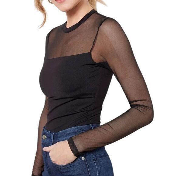 NEW Susana Monaco Crew Neck Mesh Long Sleeve Top in Oxblood Large - Picture 8 of 12